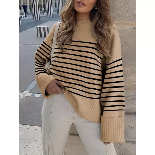 imageANRABESS Womens Crewneck Long Sleeve Oversized Fuzzy Knit Chunky Warm Pullover Sweater TopCamel Black Stripe
