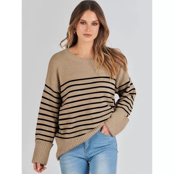 imageANRABESS Womens Crewneck Long Sleeve Oversized Fuzzy Knit Chunky Warm Pullover Sweater TopCamel Black Stripe