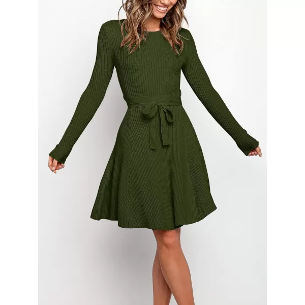 imageANRABESS Womens Crewneck Long Sleeve Tie Waist ALine Swing Bodycon Short Dress Casual Solid Ribbed Knit Sweater DressArmy Green