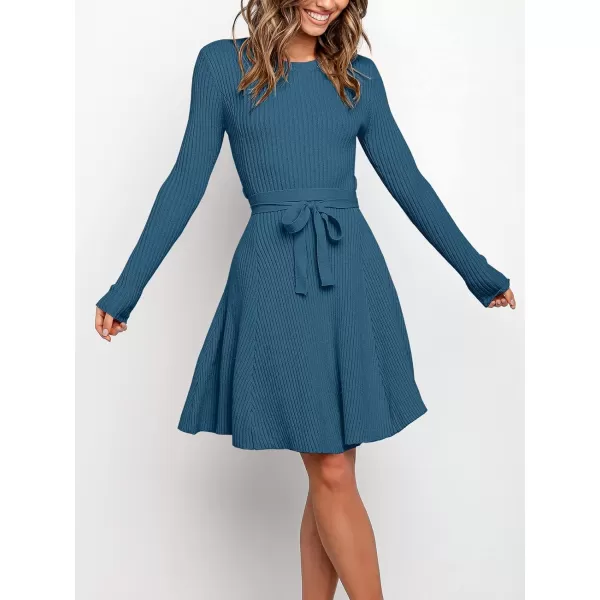 imageANRABESS Womens Crewneck Long Sleeve Tie Waist ALine Swing Bodycon Short Dress Casual Solid Ribbed Knit Sweater DressBlue