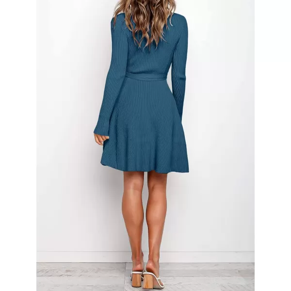 imageANRABESS Womens Crewneck Long Sleeve Tie Waist ALine Swing Bodycon Short Dress Casual Solid Ribbed Knit Sweater DressBlue