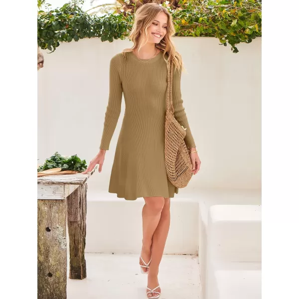 imageANRABESS Womens Crewneck Long Sleeve Tie Waist ALine Swing Bodycon Short Dress Casual Solid Ribbed Knit Sweater DressBrown