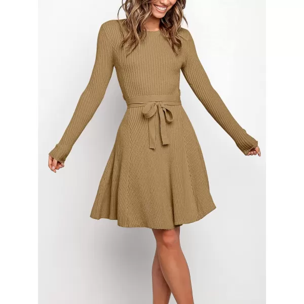 imageANRABESS Womens Crewneck Long Sleeve Tie Waist ALine Swing Bodycon Short Dress Casual Solid Ribbed Knit Sweater DressBrown