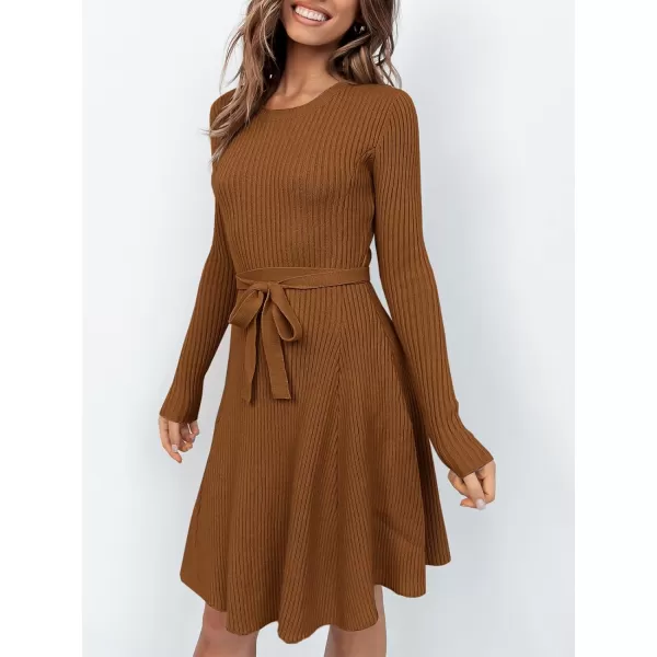 imageANRABESS Womens Crewneck Long Sleeve Tie Waist ALine Swing Bodycon Short Dress Casual Solid Ribbed Knit Sweater DressCaramel