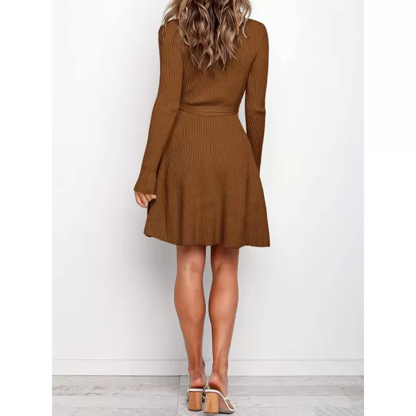 imageANRABESS Womens Crewneck Long Sleeve Tie Waist ALine Swing Bodycon Short Dress Casual Solid Ribbed Knit Sweater DressCaramel