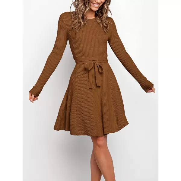 imageANRABESS Womens Crewneck Long Sleeve Tie Waist ALine Swing Bodycon Short Dress Casual Solid Ribbed Knit Sweater DressCaramel