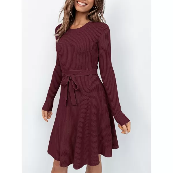 imageANRABESS Womens Crewneck Long Sleeve Tie Waist ALine Swing Bodycon Short Dress Casual Solid Ribbed Knit Sweater DressDeep Red