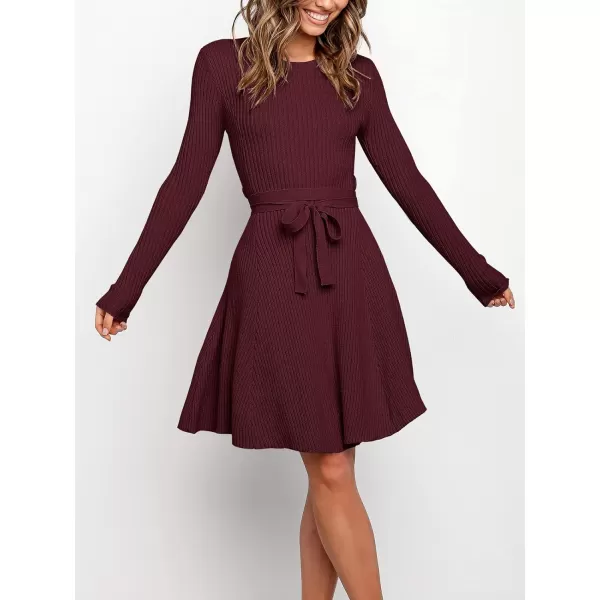 imageANRABESS Womens Crewneck Long Sleeve Tie Waist ALine Swing Bodycon Short Dress Casual Solid Ribbed Knit Sweater DressDeep Red