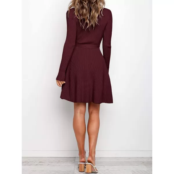 imageANRABESS Womens Crewneck Long Sleeve Tie Waist ALine Swing Bodycon Short Dress Casual Solid Ribbed Knit Sweater DressDeep Red