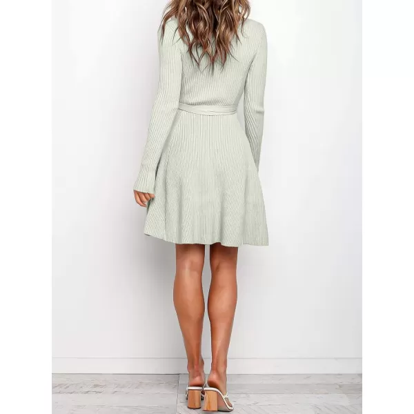 imageANRABESS Womens Crewneck Long Sleeve Tie Waist ALine Swing Bodycon Short Dress Casual Solid Ribbed Knit Sweater DressGray