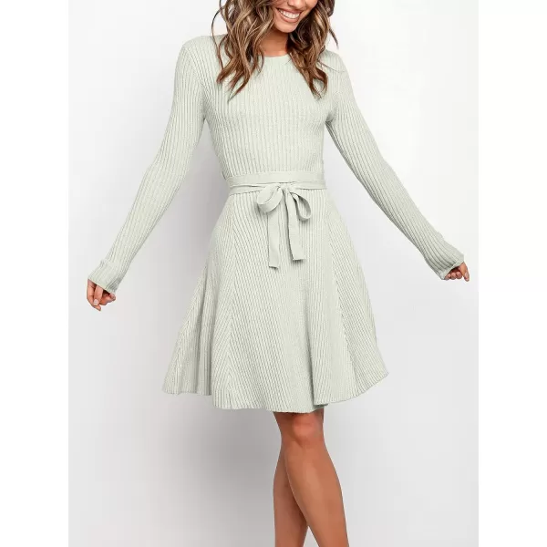 imageANRABESS Womens Crewneck Long Sleeve Tie Waist ALine Swing Bodycon Short Dress Casual Solid Ribbed Knit Sweater DressGray