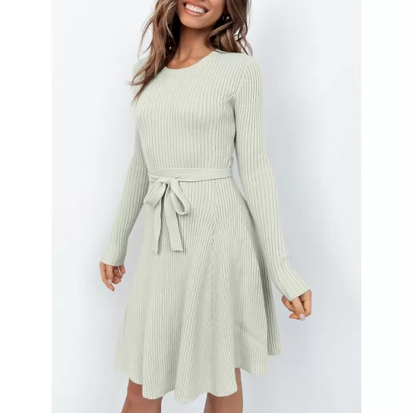 imageANRABESS Womens Crewneck Long Sleeve Tie Waist ALine Swing Bodycon Short Dress Casual Solid Ribbed Knit Sweater DressGray