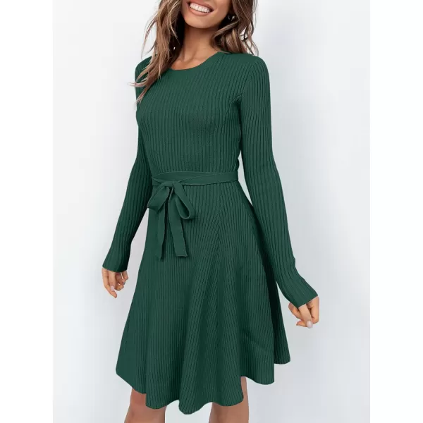 imageANRABESS Womens Crewneck Long Sleeve Tie Waist ALine Swing Bodycon Short Dress Casual Solid Ribbed Knit Sweater DressGreen