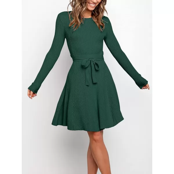 imageANRABESS Womens Crewneck Long Sleeve Tie Waist ALine Swing Bodycon Short Dress Casual Solid Ribbed Knit Sweater DressGreen