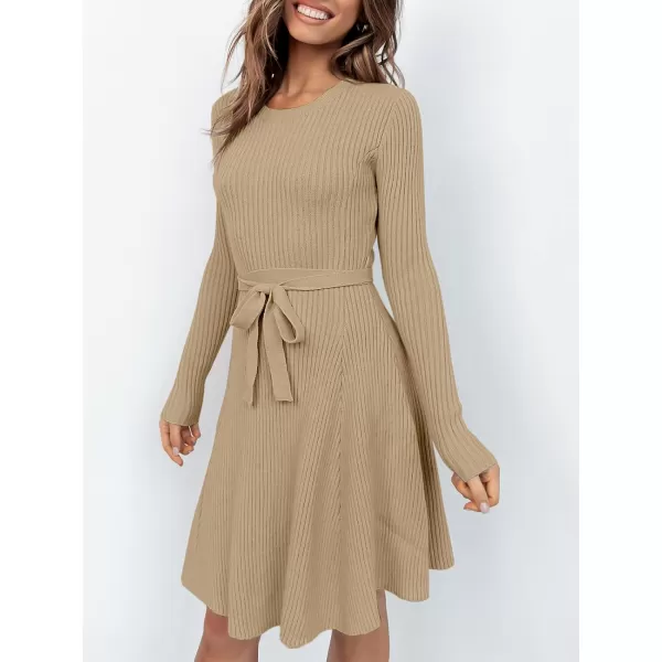 imageANRABESS Womens Crewneck Long Sleeve Tie Waist ALine Swing Bodycon Short Dress Casual Solid Ribbed Knit Sweater DressKhaki