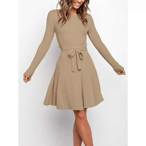 imageANRABESS Womens Crewneck Long Sleeve Tie Waist ALine Swing Bodycon Short Dress Casual Solid Ribbed Knit Sweater DressKhaki