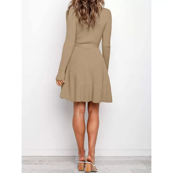imageANRABESS Womens Crewneck Long Sleeve Tie Waist ALine Swing Bodycon Short Dress Casual Solid Ribbed Knit Sweater DressKhaki