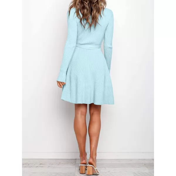 imageANRABESS Womens Crewneck Long Sleeve Tie Waist ALine Swing Bodycon Short Dress Casual Solid Ribbed Knit Sweater DressLight Blue