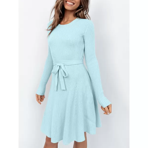 imageANRABESS Womens Crewneck Long Sleeve Tie Waist ALine Swing Bodycon Short Dress Casual Solid Ribbed Knit Sweater DressLight Blue