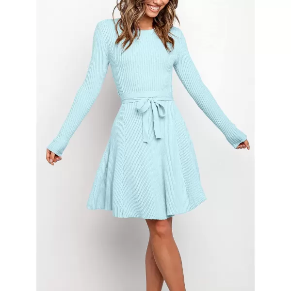 imageANRABESS Womens Crewneck Long Sleeve Tie Waist ALine Swing Bodycon Short Dress Casual Solid Ribbed Knit Sweater DressLight Blue