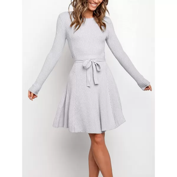 imageANRABESS Womens Crewneck Long Sleeve Tie Waist ALine Swing Bodycon Short Dress Casual Solid Ribbed Knit Sweater DressLight Purple