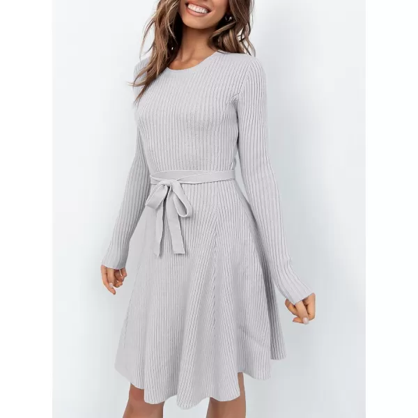 imageANRABESS Womens Crewneck Long Sleeve Tie Waist ALine Swing Bodycon Short Dress Casual Solid Ribbed Knit Sweater DressLight Purple