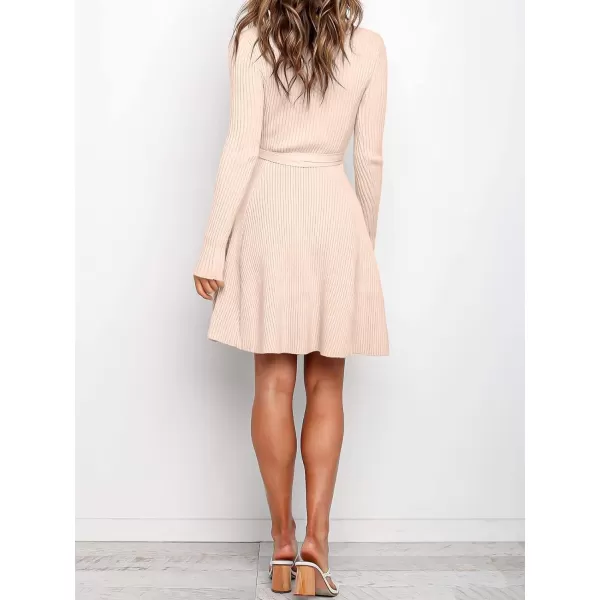imageANRABESS Womens Crewneck Long Sleeve Tie Waist ALine Swing Bodycon Short Dress Casual Solid Ribbed Knit Sweater DressPink