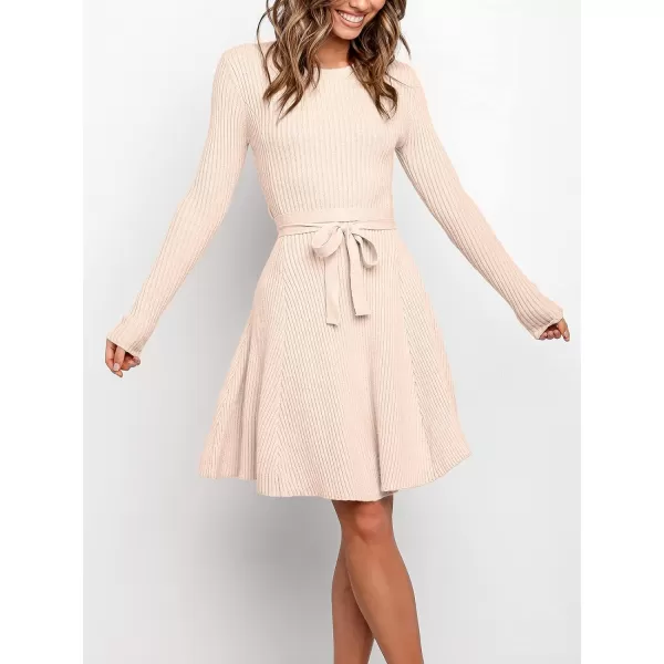 imageANRABESS Womens Crewneck Long Sleeve Tie Waist ALine Swing Bodycon Short Dress Casual Solid Ribbed Knit Sweater DressPink