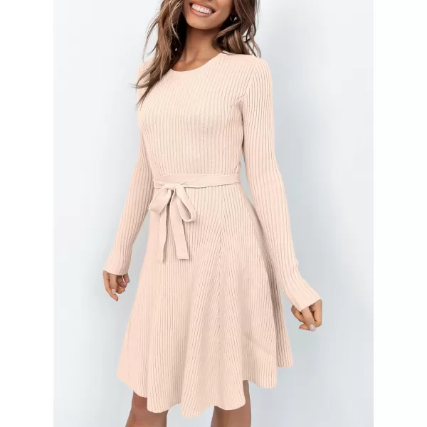 imageANRABESS Womens Crewneck Long Sleeve Tie Waist ALine Swing Bodycon Short Dress Casual Solid Ribbed Knit Sweater DressPink
