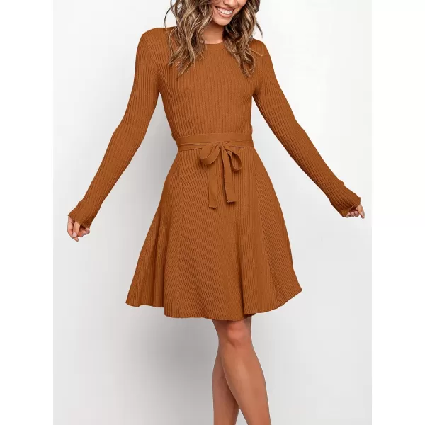 imageANRABESS Womens Crewneck Long Sleeve Tie Waist ALine Swing Bodycon Short Dress Casual Solid Ribbed Knit Sweater DressPumpkin