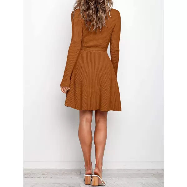 imageANRABESS Womens Crewneck Long Sleeve Tie Waist ALine Swing Bodycon Short Dress Casual Solid Ribbed Knit Sweater DressPumpkin