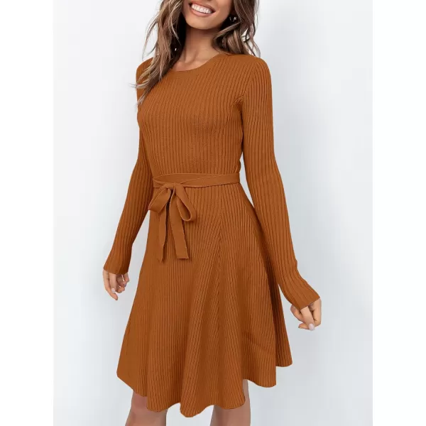 imageANRABESS Womens Crewneck Long Sleeve Tie Waist ALine Swing Bodycon Short Dress Casual Solid Ribbed Knit Sweater DressPumpkin