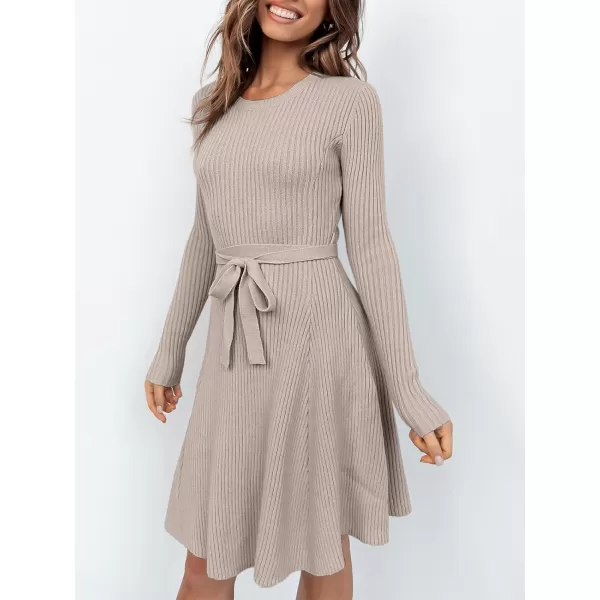 imageANRABESS Womens Crewneck Long Sleeve Tie Waist ALine Swing Bodycon Short Dress Casual Solid Ribbed Knit Sweater DressRed Apricot