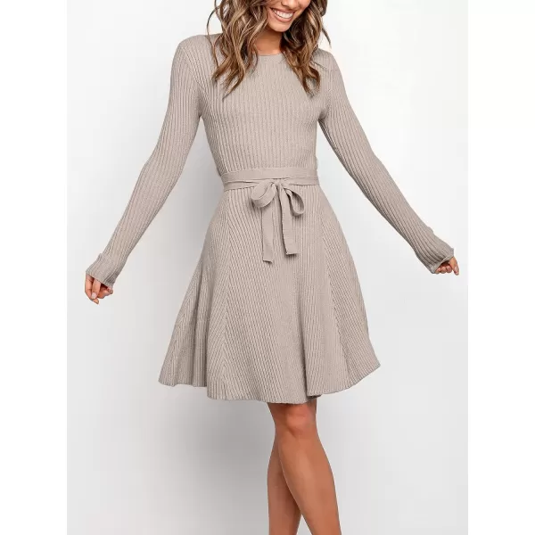 imageANRABESS Womens Crewneck Long Sleeve Tie Waist ALine Swing Bodycon Short Dress Casual Solid Ribbed Knit Sweater DressRed Apricot