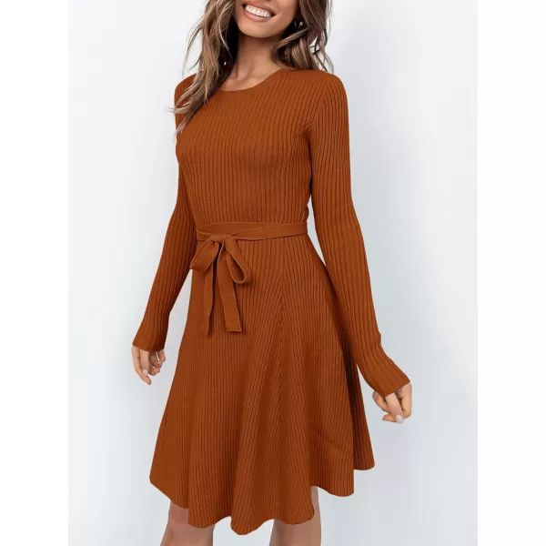 imageANRABESS Womens Crewneck Long Sleeve Tie Waist ALine Swing Bodycon Short Dress Casual Solid Ribbed Knit Sweater DressRust