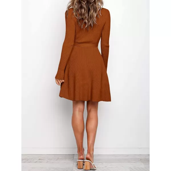 imageANRABESS Womens Crewneck Long Sleeve Tie Waist ALine Swing Bodycon Short Dress Casual Solid Ribbed Knit Sweater DressRust