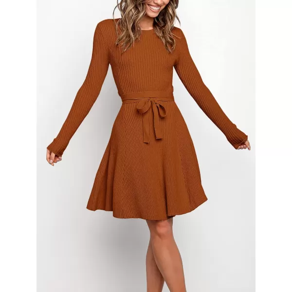 imageANRABESS Womens Crewneck Long Sleeve Tie Waist ALine Swing Bodycon Short Dress Casual Solid Ribbed Knit Sweater DressRust