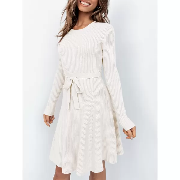 imageANRABESS Womens Crewneck Long Sleeve Tie Waist ALine Swing Bodycon Short Dress Casual Solid Ribbed Knit Sweater DressWhite