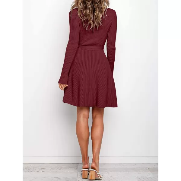 imageANRABESS Womens Crewneck Long Sleeve Tie Waist ALine Swing Bodycon Short Dress Casual Solid Ribbed Knit Sweater DressWine Red