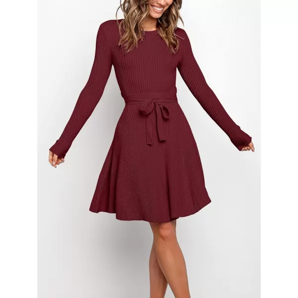 imageANRABESS Womens Crewneck Long Sleeve Tie Waist ALine Swing Bodycon Short Dress Casual Solid Ribbed Knit Sweater DressWine Red