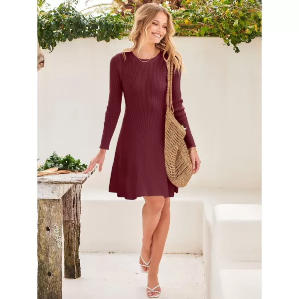 imageANRABESS Womens Crewneck Long Sleeve Tie Waist ALine Swing Bodycon Short Dress Casual Solid Ribbed Knit Sweater DressWine Red