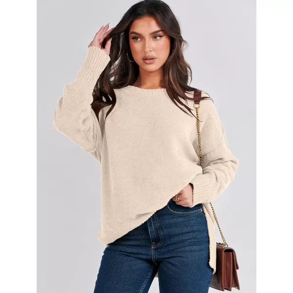 imageANRABESS Womens Crewneck Oversized Sweaters Fuzzy Knit Chunky Warm Side Slit Pullover Long Sleeve Sweater TopApricot