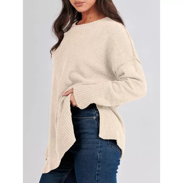 imageANRABESS Womens Crewneck Oversized Sweaters Fuzzy Knit Chunky Warm Side Slit Pullover Long Sleeve Sweater TopApricot