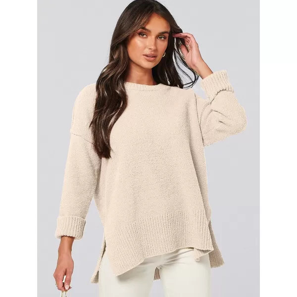 imageANRABESS Womens Crewneck Oversized Sweaters Fuzzy Knit Chunky Warm Side Slit Pullover Long Sleeve Sweater TopApricot