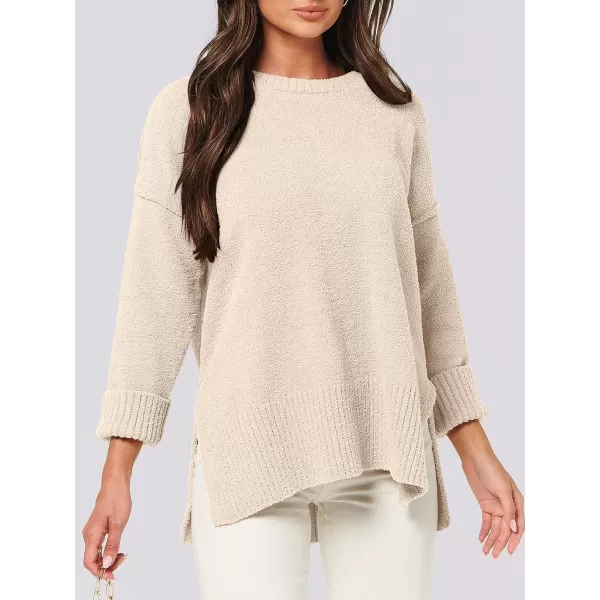 imageANRABESS Womens Crewneck Oversized Sweaters Fuzzy Knit Chunky Warm Side Slit Pullover Long Sleeve Sweater TopApricot