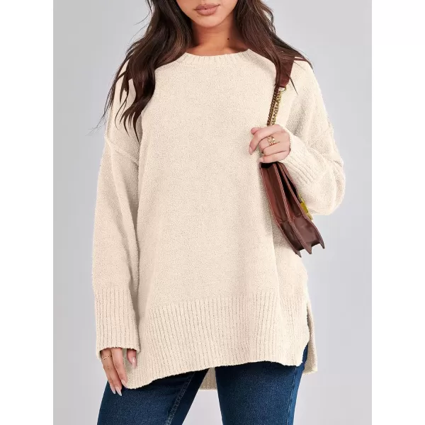 imageANRABESS Womens Crewneck Oversized Sweaters Fuzzy Knit Chunky Warm Side Slit Pullover Long Sleeve Sweater TopApricot