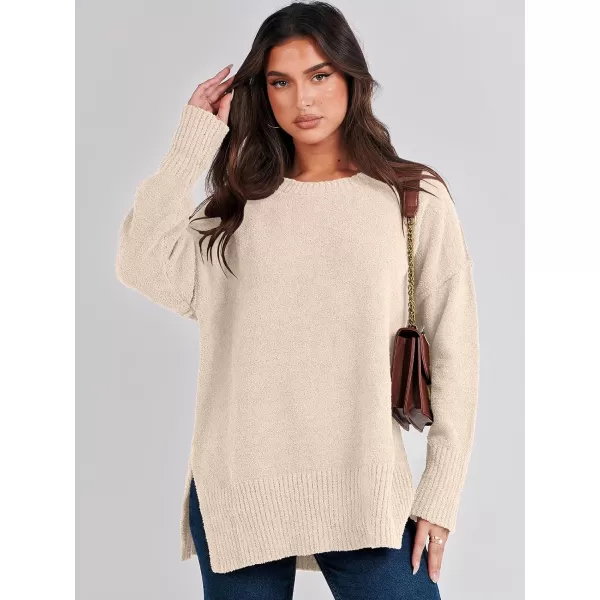 imageANRABESS Womens Crewneck Oversized Sweaters Fuzzy Knit Chunky Warm Side Slit Pullover Long Sleeve Sweater TopApricot