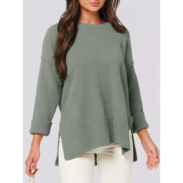 imageANRABESS Womens Crewneck Oversized Sweaters Fuzzy Knit Chunky Warm Side Slit Pullover Long Sleeve Sweater TopArmy Green