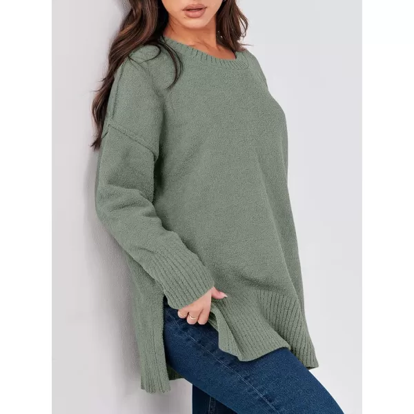 imageANRABESS Womens Crewneck Oversized Sweaters Fuzzy Knit Chunky Warm Side Slit Pullover Long Sleeve Sweater TopArmy Green