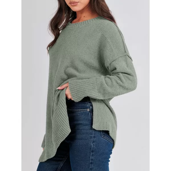 imageANRABESS Womens Crewneck Oversized Sweaters Fuzzy Knit Chunky Warm Side Slit Pullover Long Sleeve Sweater TopArmy Green